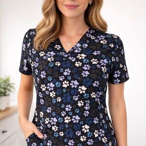 GT Performance Women’s Medical Scrub Top Paw Print V-Neck Stretch Small